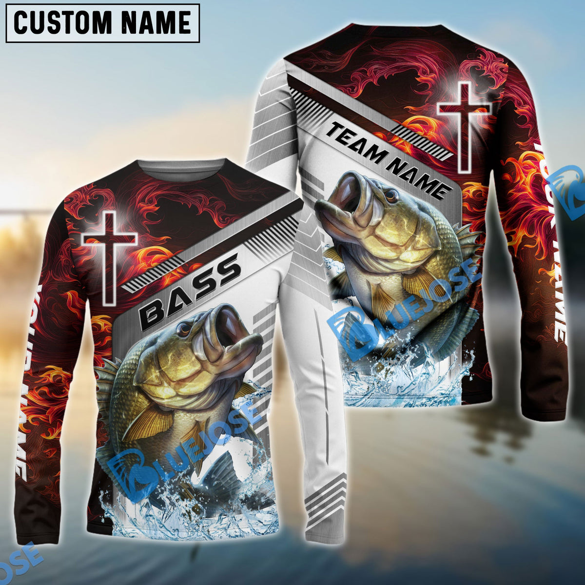 BlueJose Bass Fishing Red Flame With Cross Pattern Custom Name & Team Name 3D Shirts
