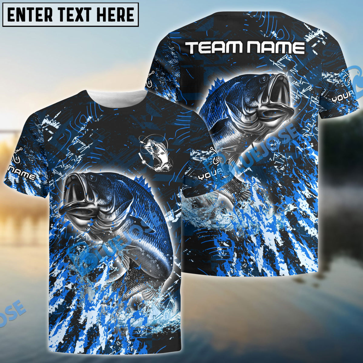 BlueJose Bass Fishing Dark Grunge Blue Custom Name & Team Name 3D Shirts
