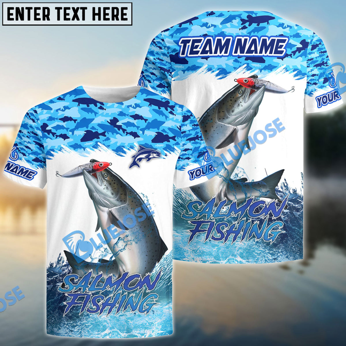 BlueJose Salmon Fishing Blue Water Camo Custom Name & Team Name 3D Shirts