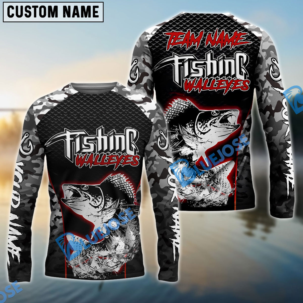 BlueJose Walleye Fishing Aggressive Red Splash Camo Pattern Sport Custom Name & Team Name 3D Shirts