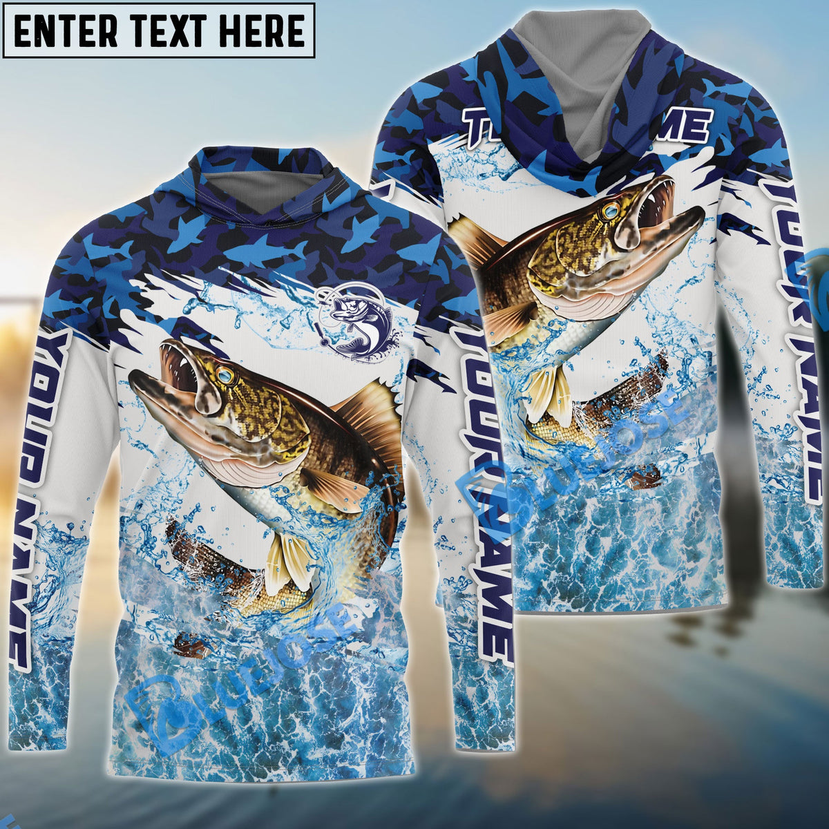 BlueJose Walleye Fishing Blue Camo Clear Water Custom Name & Team Name 3D Shirts