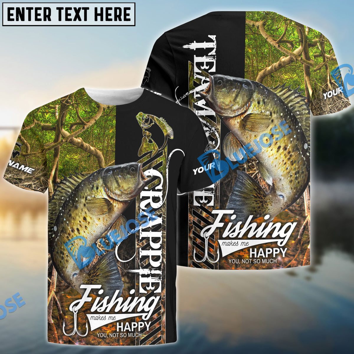 BlueJose Crappie Fishing Jungle Camo Custom Name & Team Name 3D Shirts