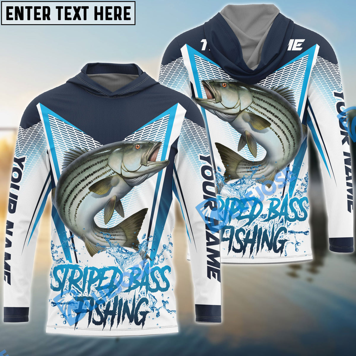 BlueJose Striped Bass Fishing White Blue Camo Sport Custom Name & Team Name 3D Shirts