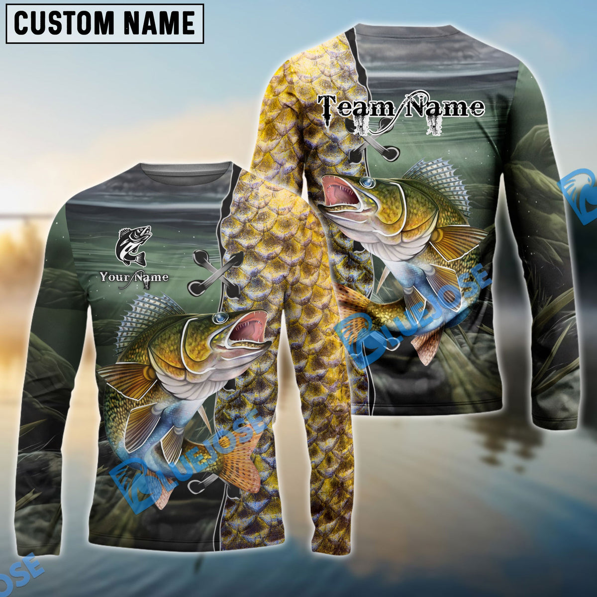 BlueJose Walleye Fishing Water Skin Pattern Custom Name & Team Name 3D Shirts