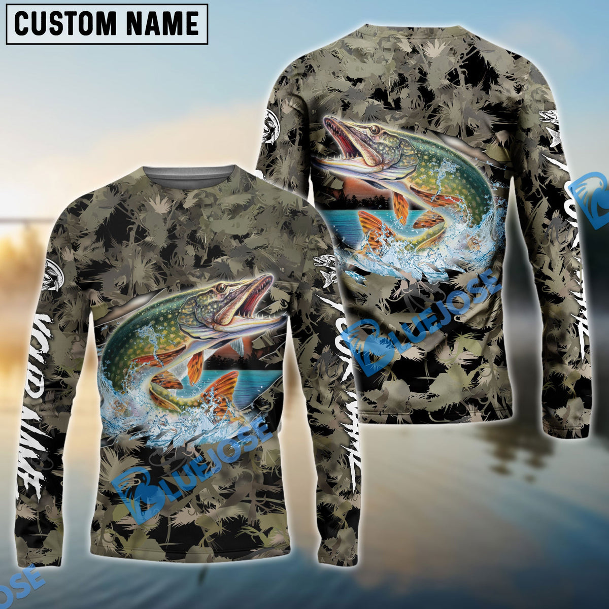 BlueJose Pike Fishing Camouflage Custom Name Shirts