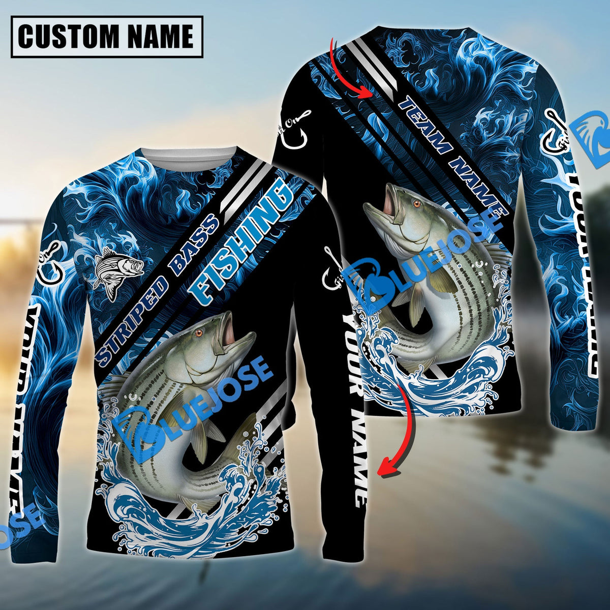 BlueJose Striped Bass Fishing Blue Smoke Water Pattern Custom Name & Team Name 3D Shirts