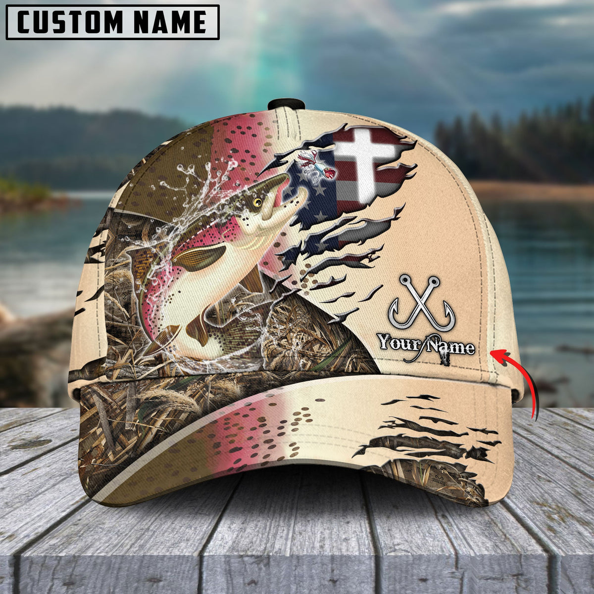 BlueJose Salmon Fishing American Flag & Cross Design with Camo Personalized Cap