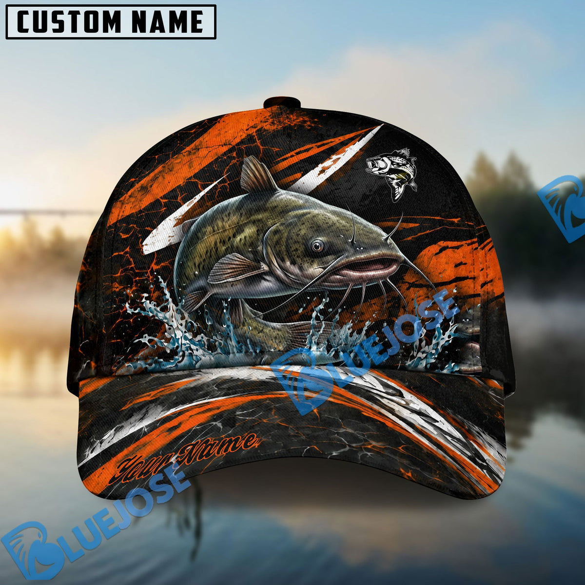 BlueJose Fishing Orange Lightning Water Splash Personalized Name Classic 3D Cap Personalized Cap (13 Breeds)