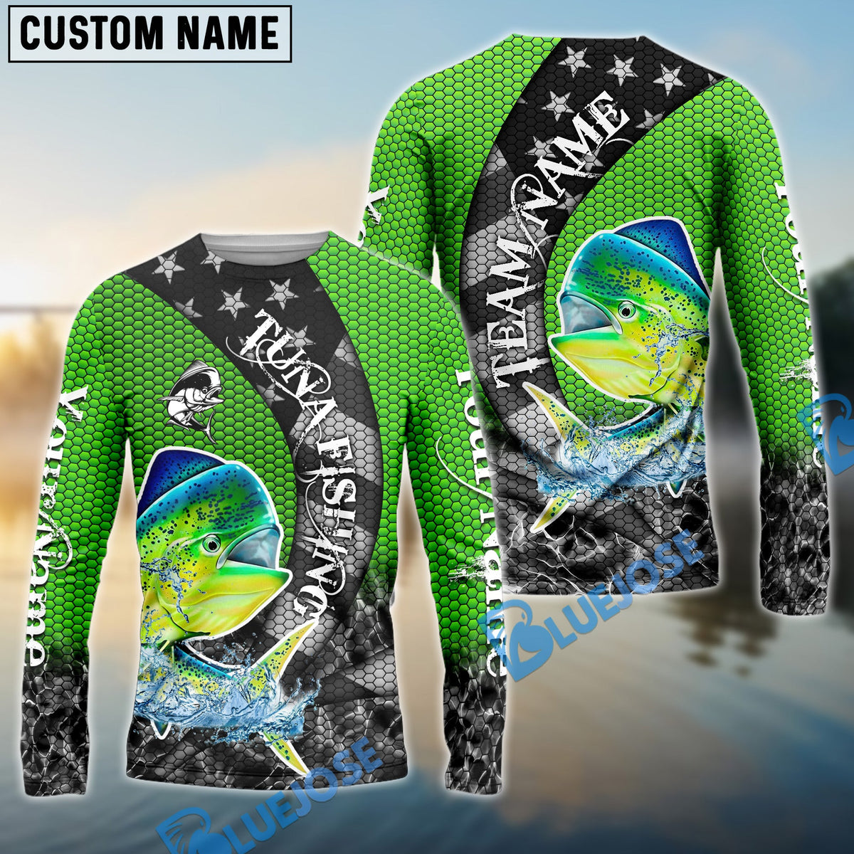 BlueJose Mahi-mahi Fishing American Flag Green Stars Custom Name & Team Name 3D Shirts