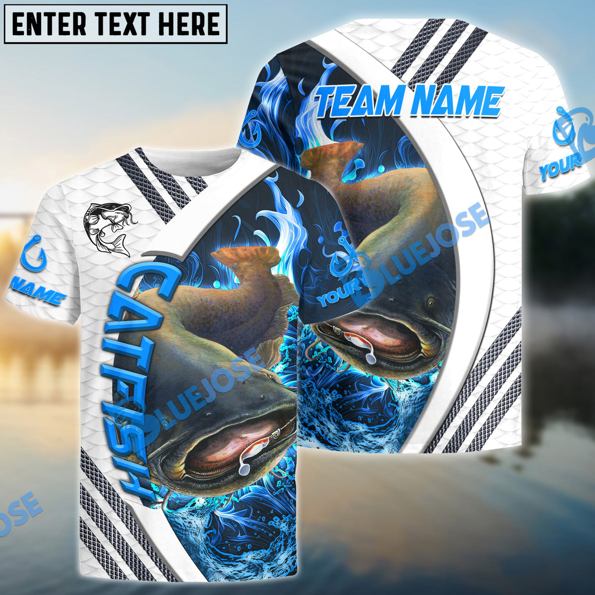 BlueJose Catfish Fishing White Blue Lava Sport Custom Name & Team Name 3D Shirts