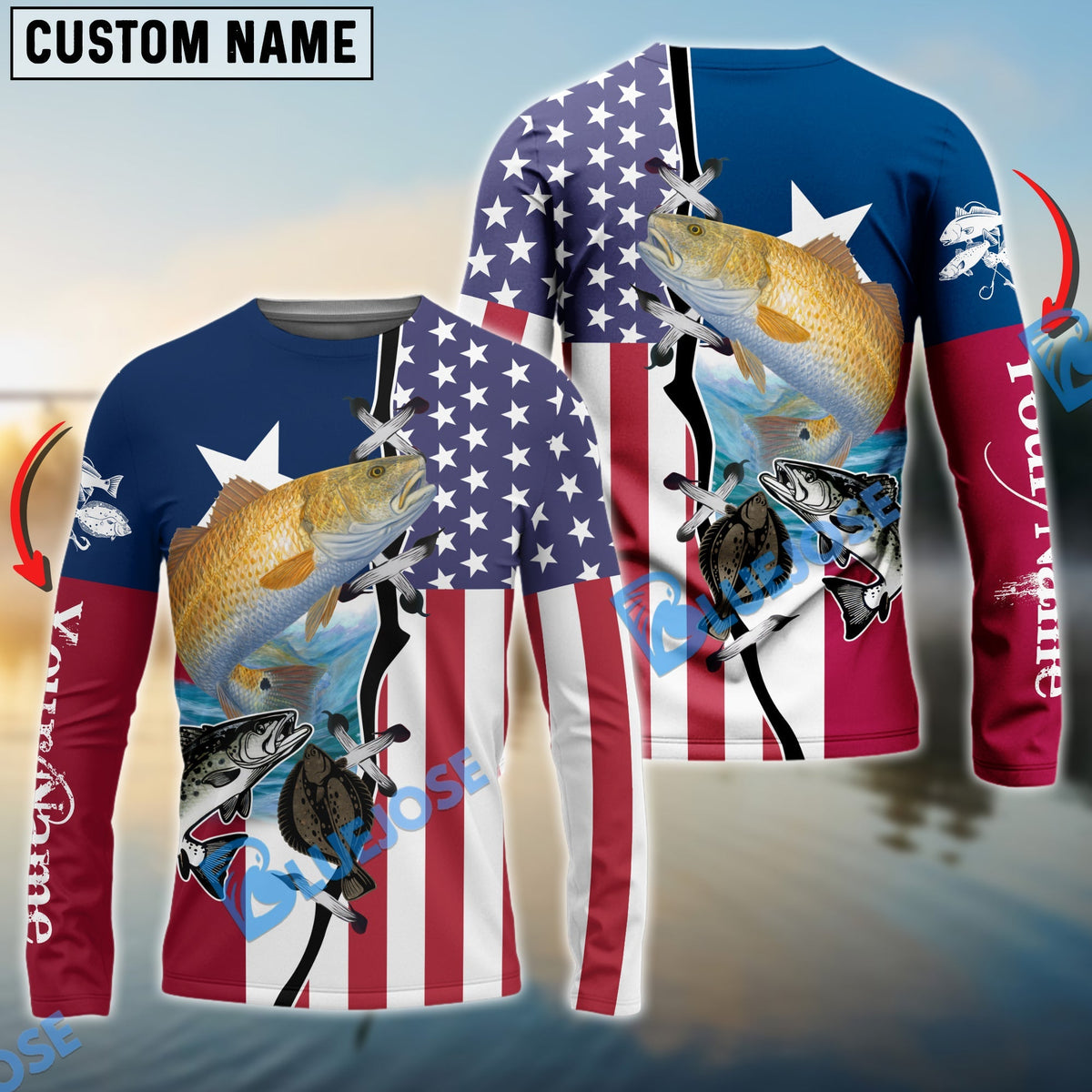 BlueJose Inshore Grand Slam Redfish, Speckled Trout, Flounder Texas American Flag Custom Name Fishing Shirts