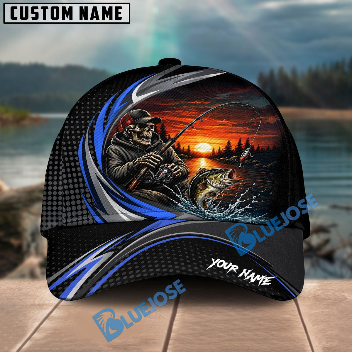 BlueJose Fishing Skull Angler Blue Wave Personalized Name Classic 3D Cap (13 Breeds)