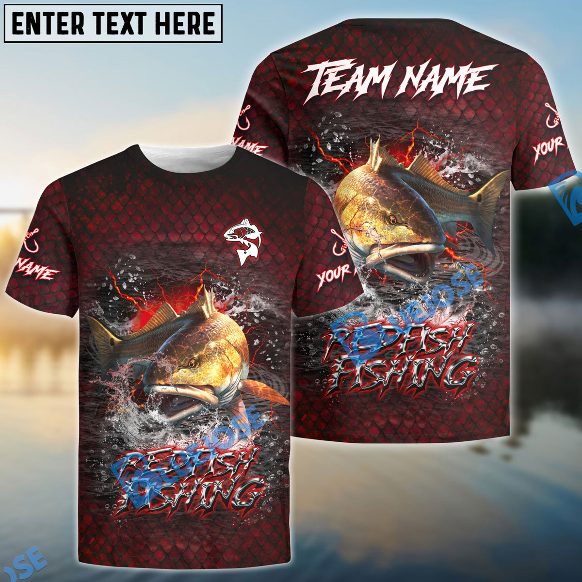 BlueJose Redfish Fishing Red Dragon Scale Lightning Custom Name & Team Name 3D Shirts