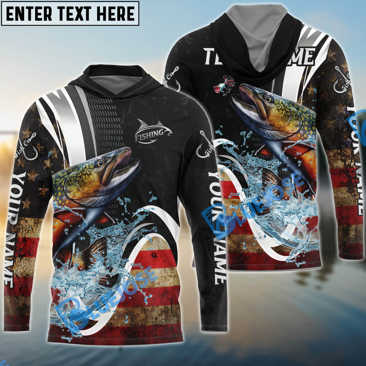 BlueJose Trout Fishing American Flag Splash Art Custom Name & Team Name 3D Shirts