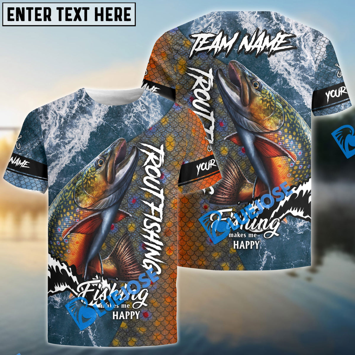 BlueJose Trout Fishing Skin Seawave Custom Name & Team Name 3D Shirts