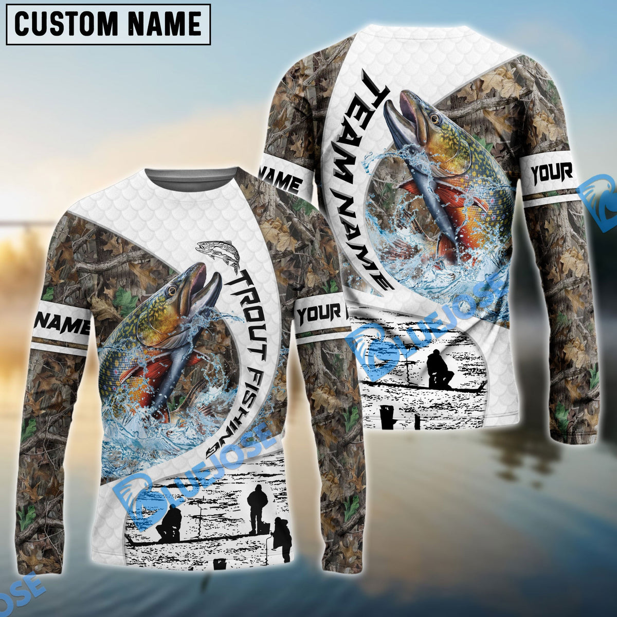 BlueJose Trout Fishing Camo Forest Scene Custom Name & Team Name 3D Shirts