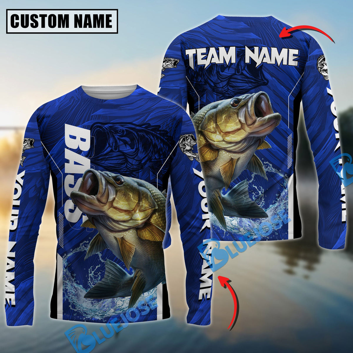 BlueJose Bass Fishing Jersey Tournament Custom Name & Team Name 3D Shirts
