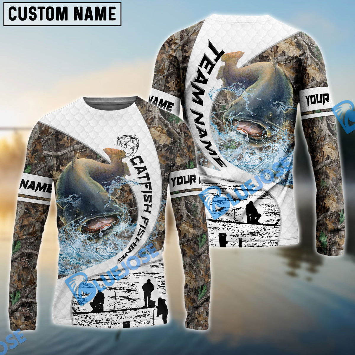 BlueJose Catfish Fishing Camo Forest Scene Custom Name & Team Name 3D Shirts
