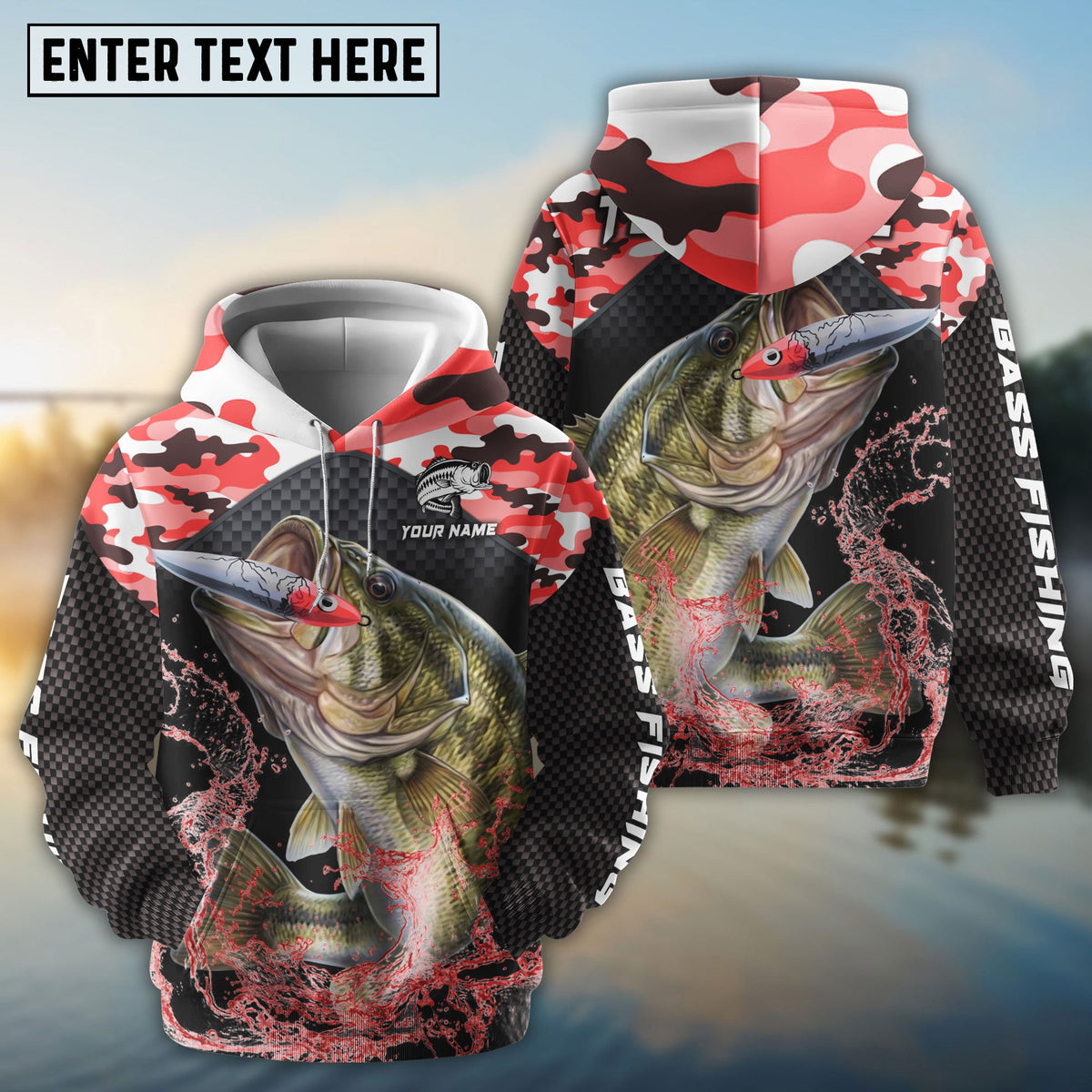 BlueJose Bass Fishing Red Camo Sport Custom Name & Team Name 3D Shirts