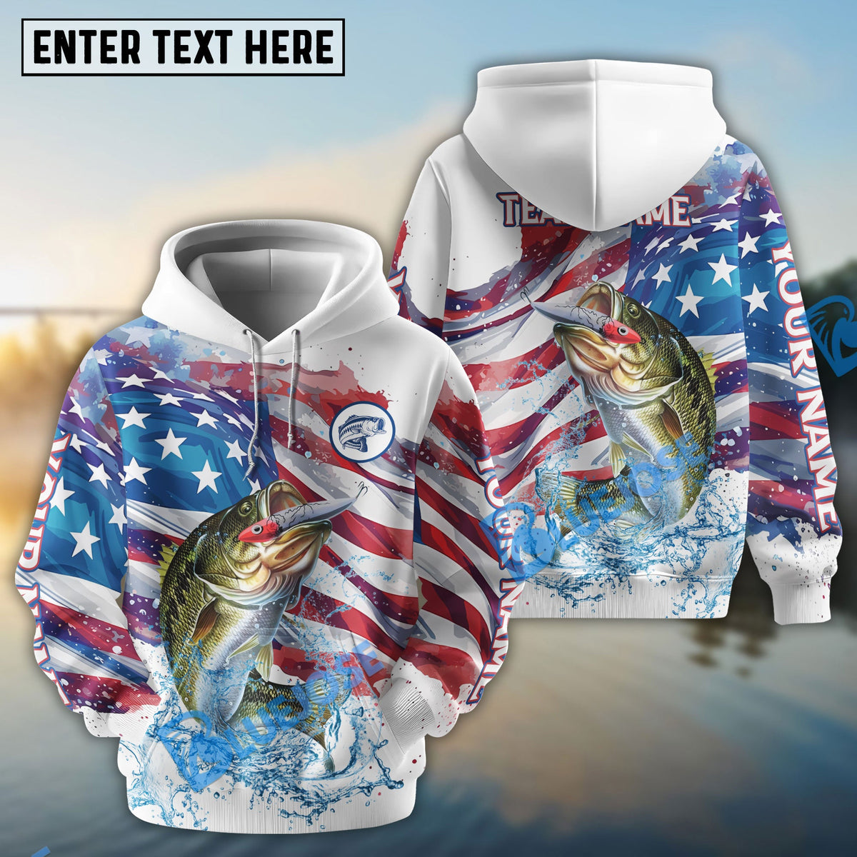 BlueJose Striped Bass Fishing Watercolor USA Flag Custom Name & Team Name Shirts
