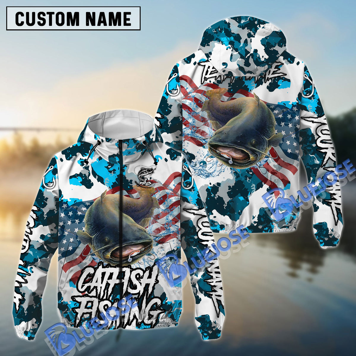 BlueJose Catfish Fishing American Flag Light Blue Camo Custom Name & Team Name 3D Shirts