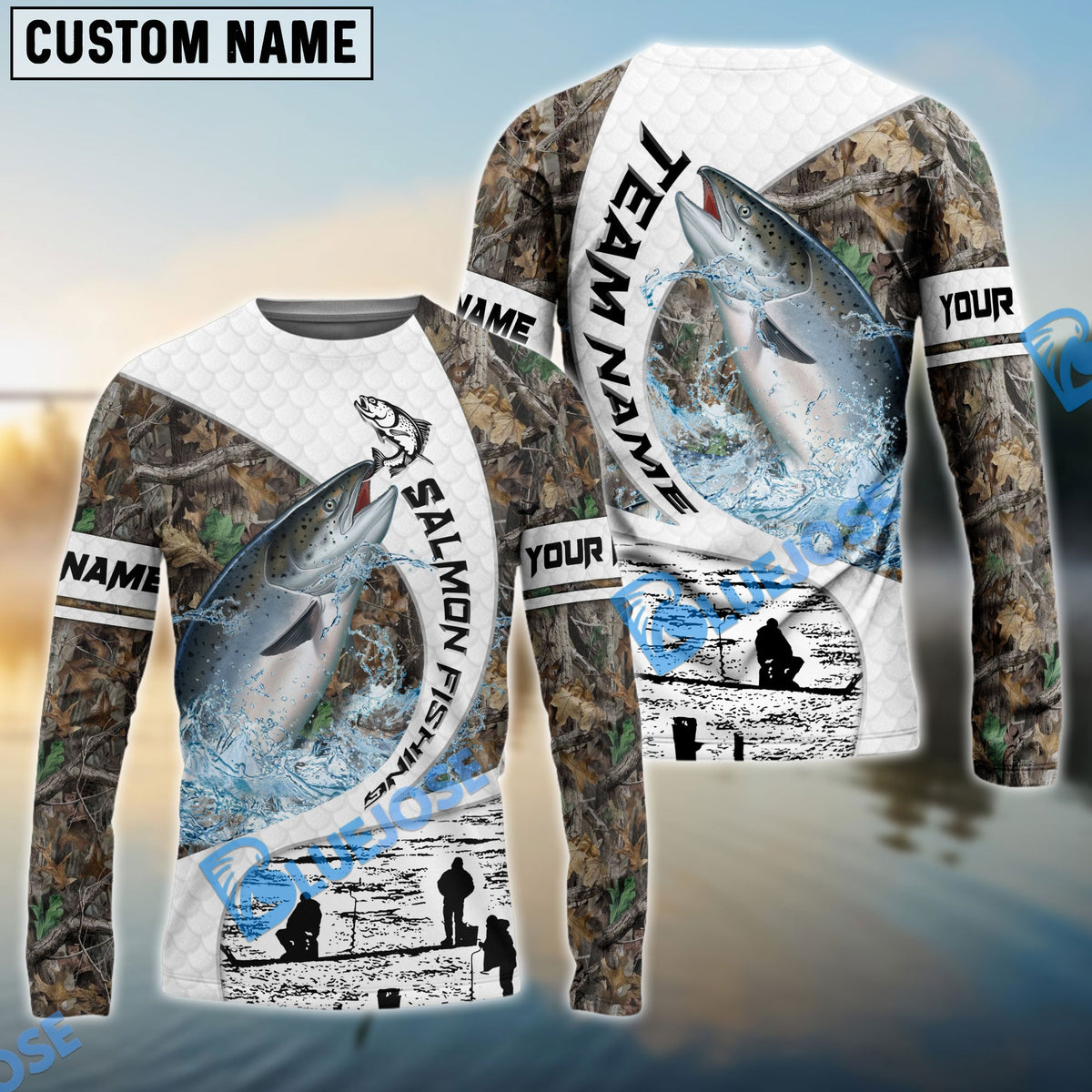BlueJose Salmon Fishing Camo Forest Scene Custom Name & Team Name 3D Shirts