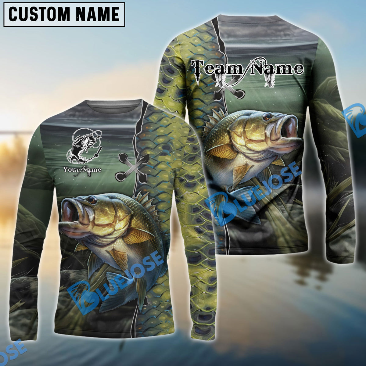 BlueJose Bass Fishing Water Skin Pattern Custom Name & Team Name 3D Shirts
