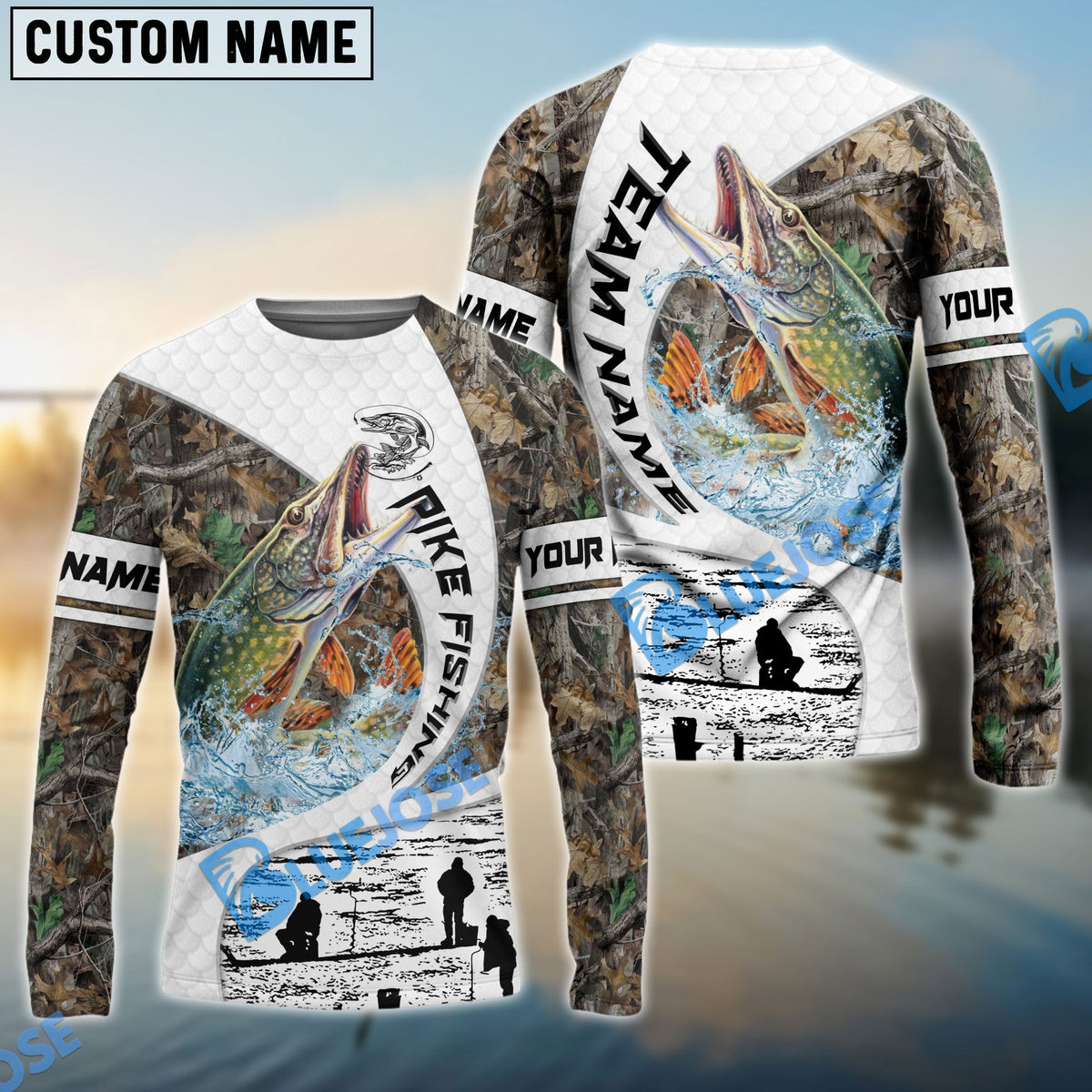 BlueJose Pike Fishing Camo Forest Scene Custom Name & Team Name 3D Shirts