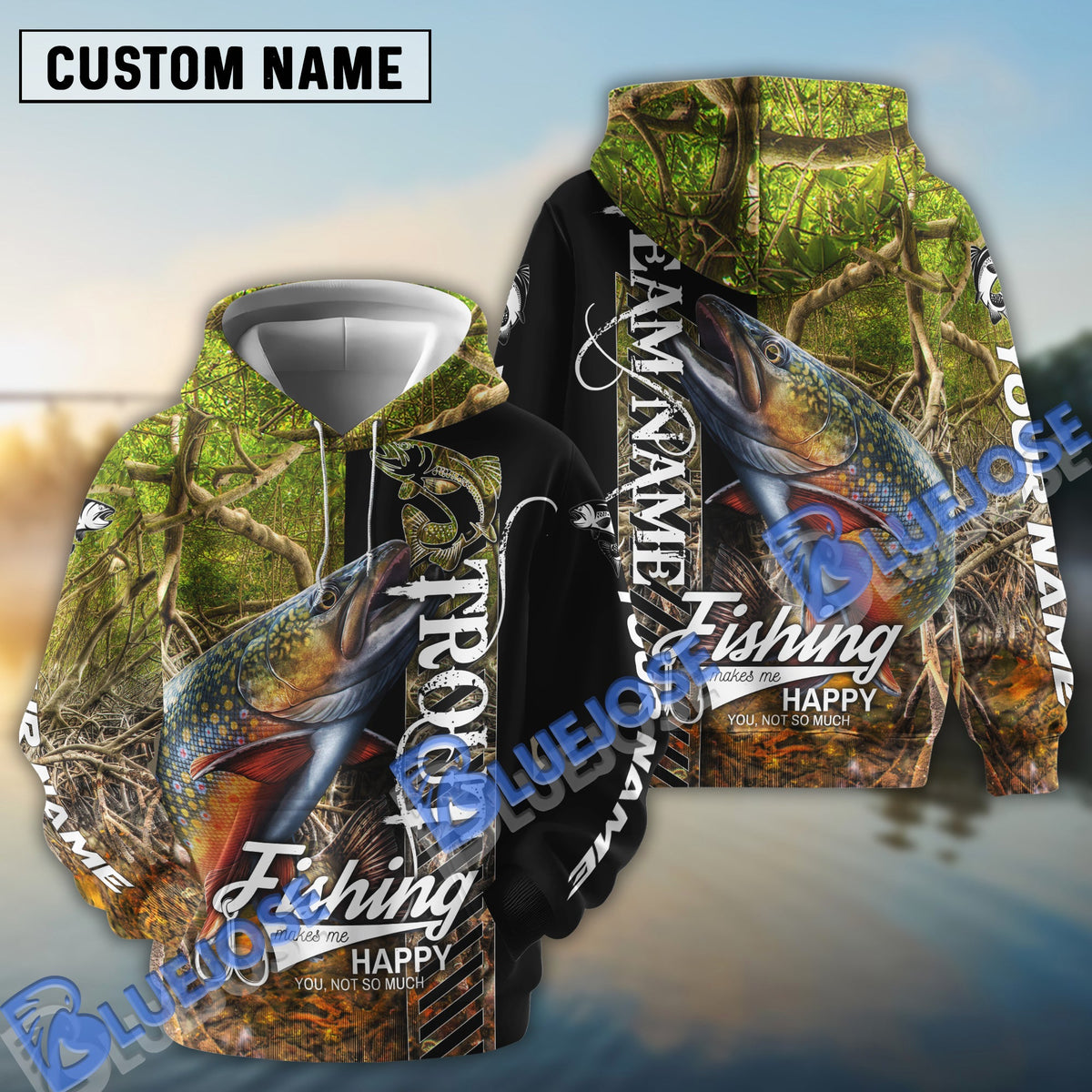 BlueJose Trout Fishing Jungle Camo Custom Name & Team Name 3D Shirts