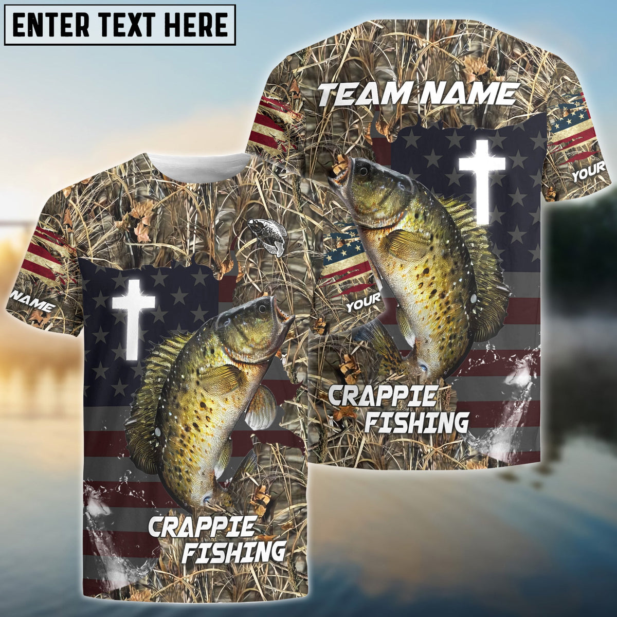 BlueJose Crappie Fishing Cross Camo Custom Name & Team Name 3D Shirts