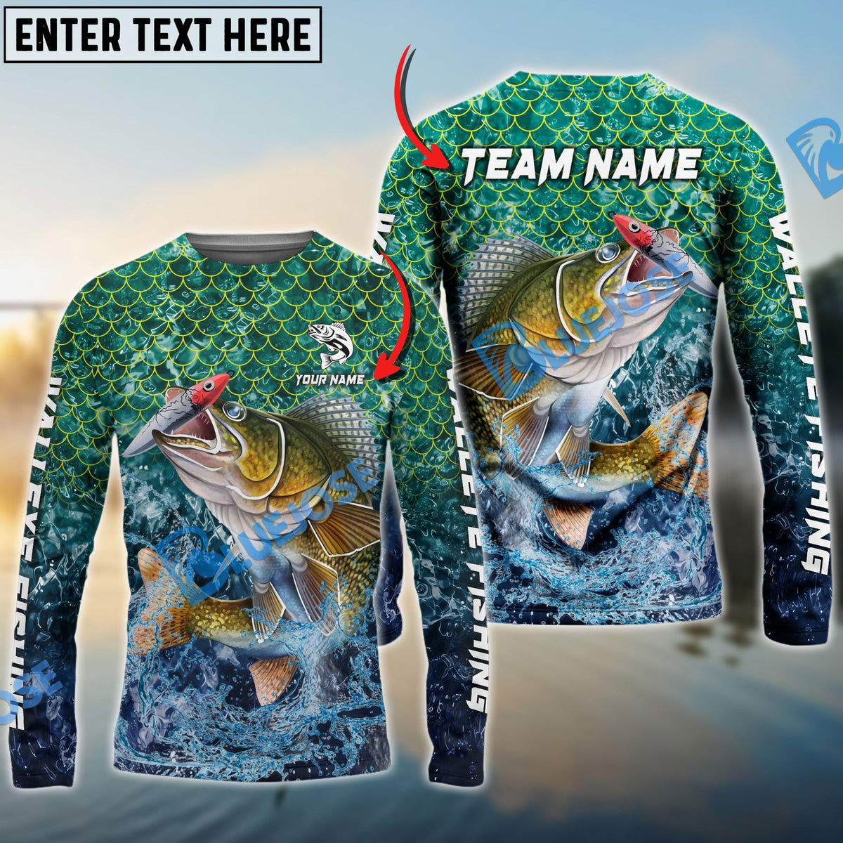 BlueJose Walleye Fishing Yellow Fin Sport Custom Name & Team Name 3D Shirts