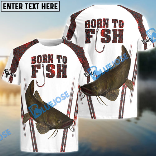 BlueJose "Born To Fish" Catfish Fishing Red Camo Custom Name Fishing Shirts