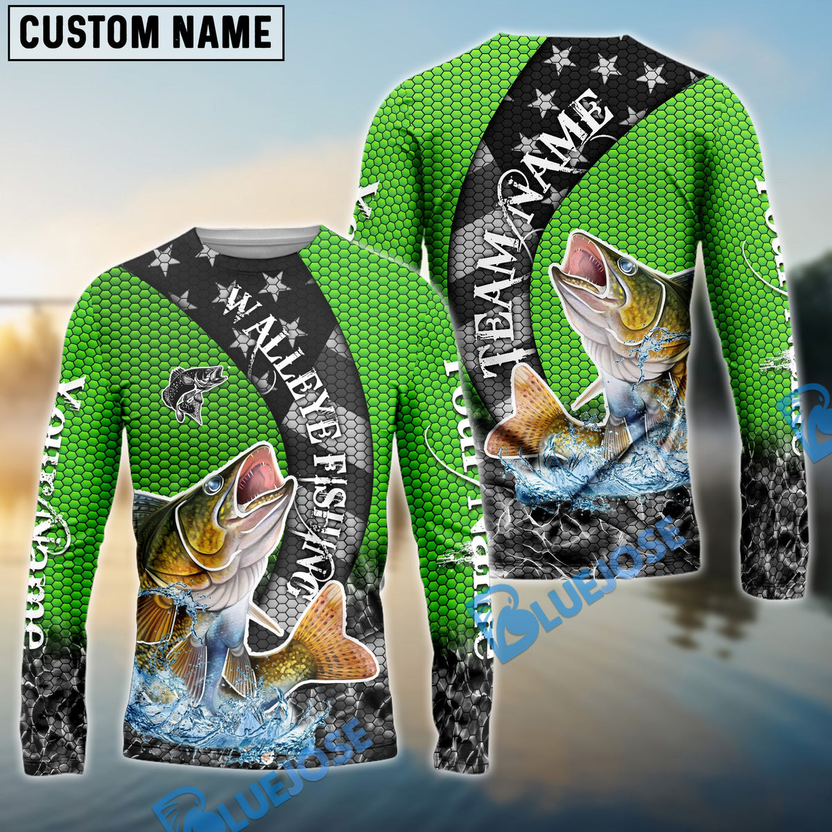 BlueJose Walleye Fishing American Flag Green Stars Custom Name & Team Name 3D Shirts