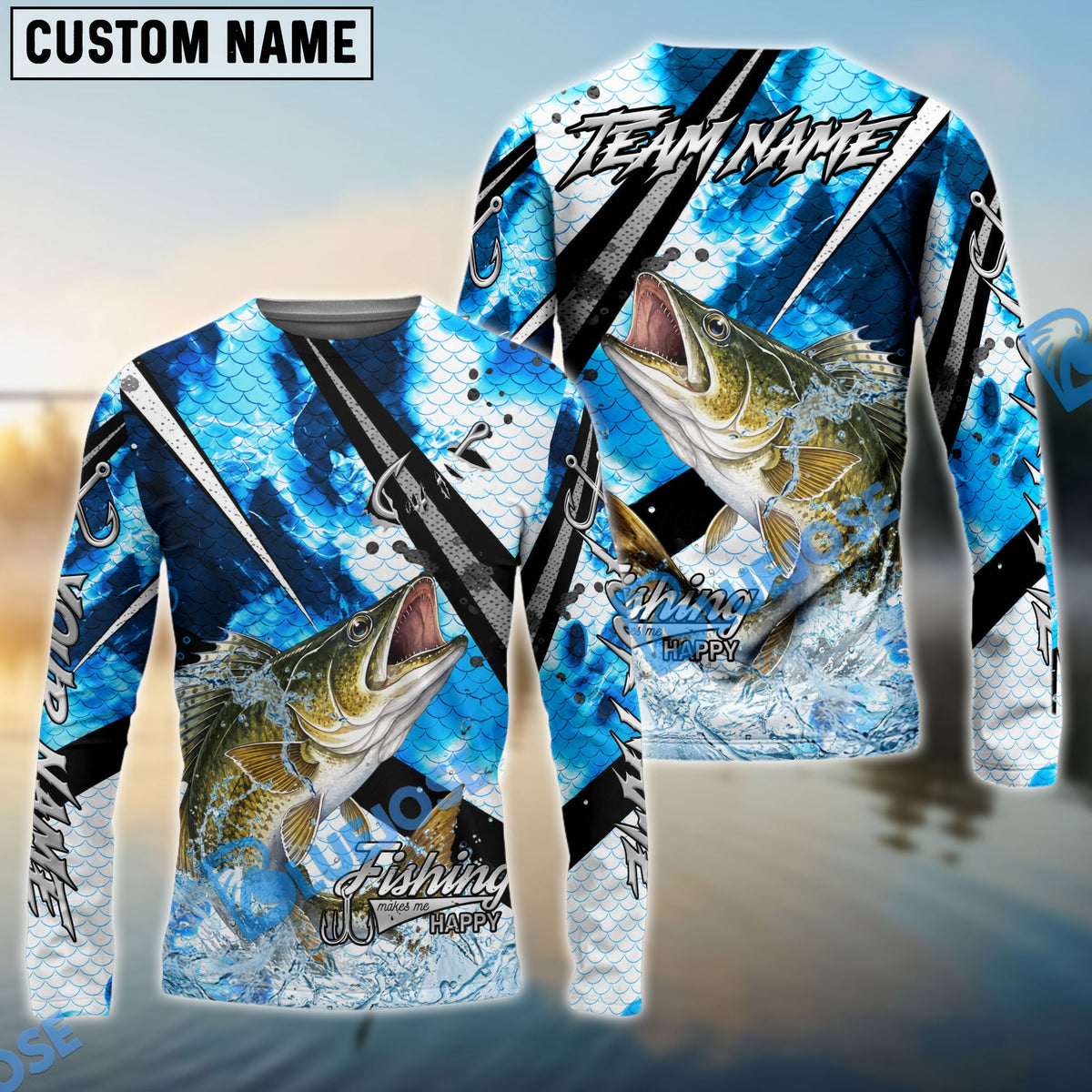 BlueJose Walleye Fishing Blue Scale Splash Custom Name & Team Name 3D Shirts
