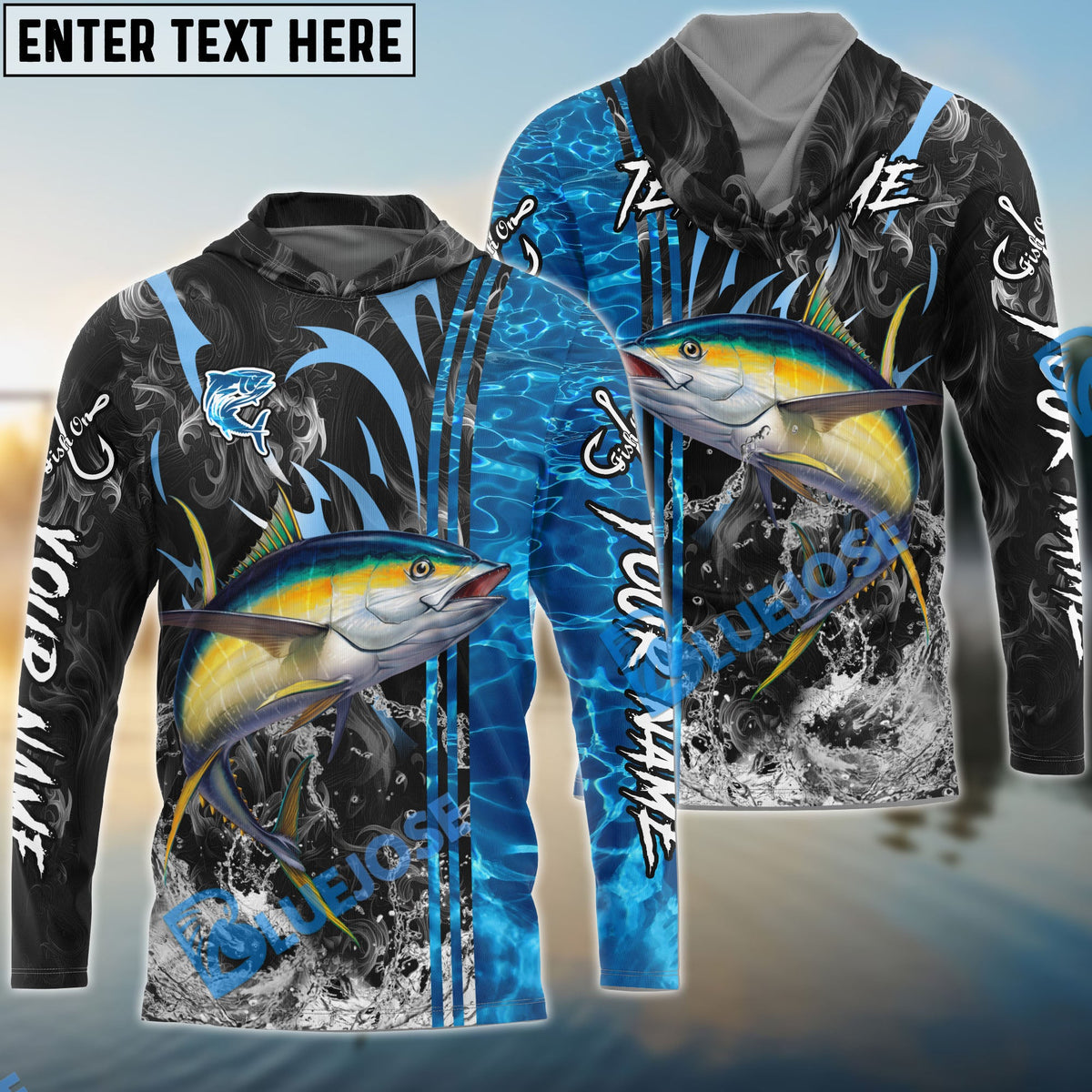 BlueJose Tuna Fishing Sparkling Water Smoke Pattern Design Custom Name & Team Name 3D Shirts