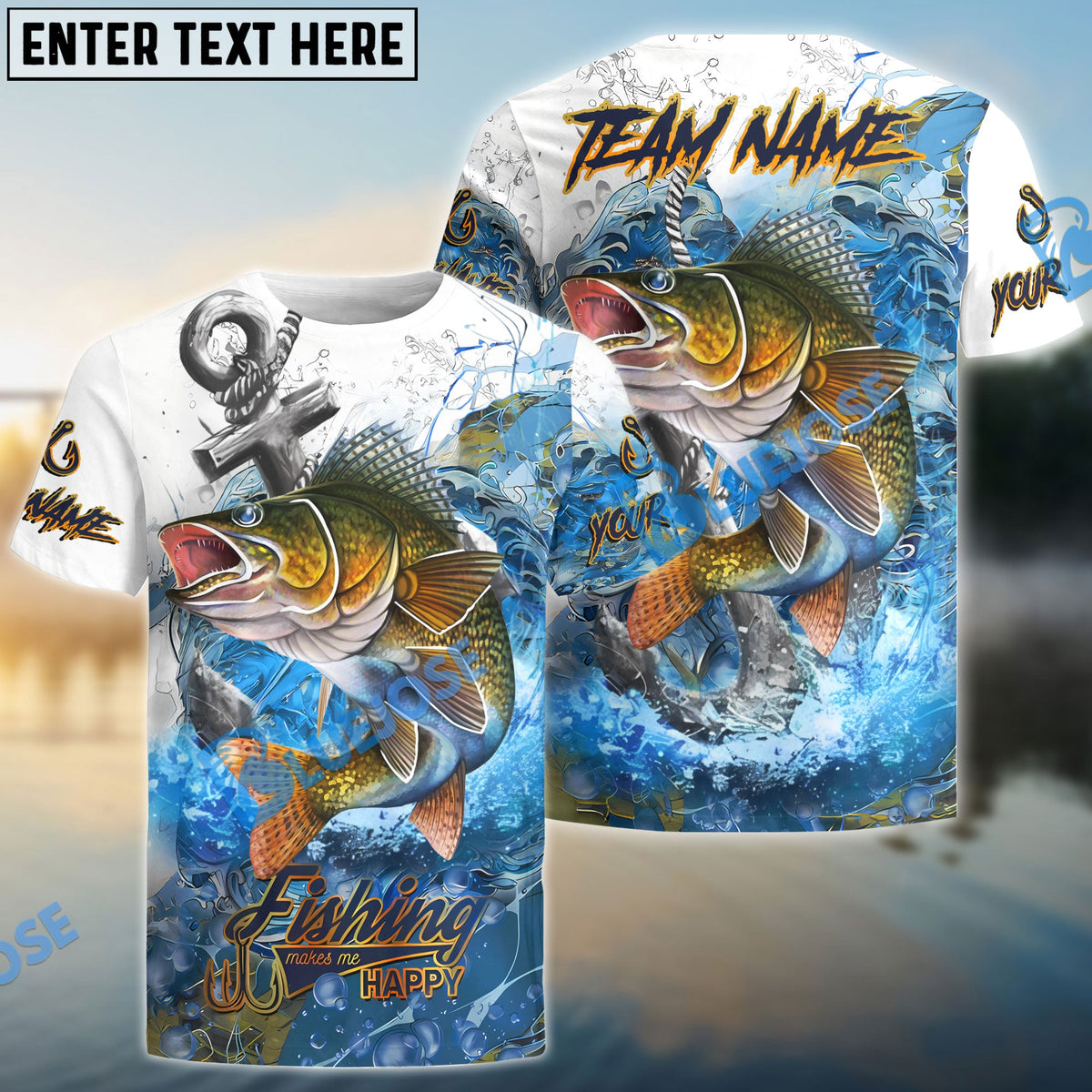 BlueJose Walleye Fishing Anchor Ocean Splash Design Name & Team Name 3D Shirts