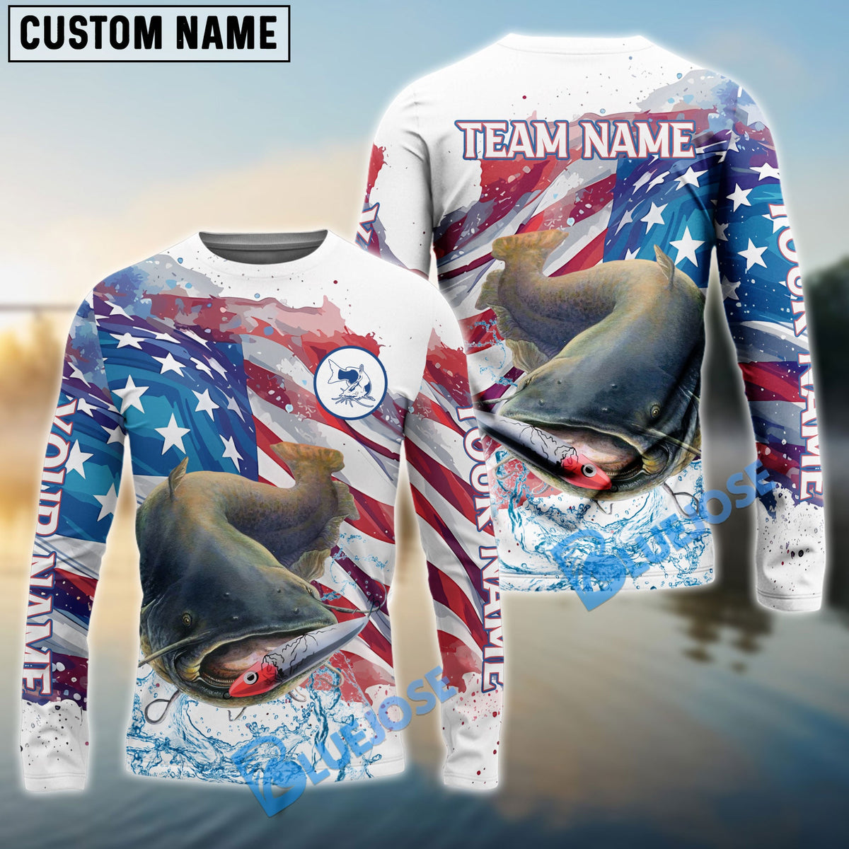 BlueJose Catfish Fishing Watercolor USA Flag Custom Name & Team Name Shirts