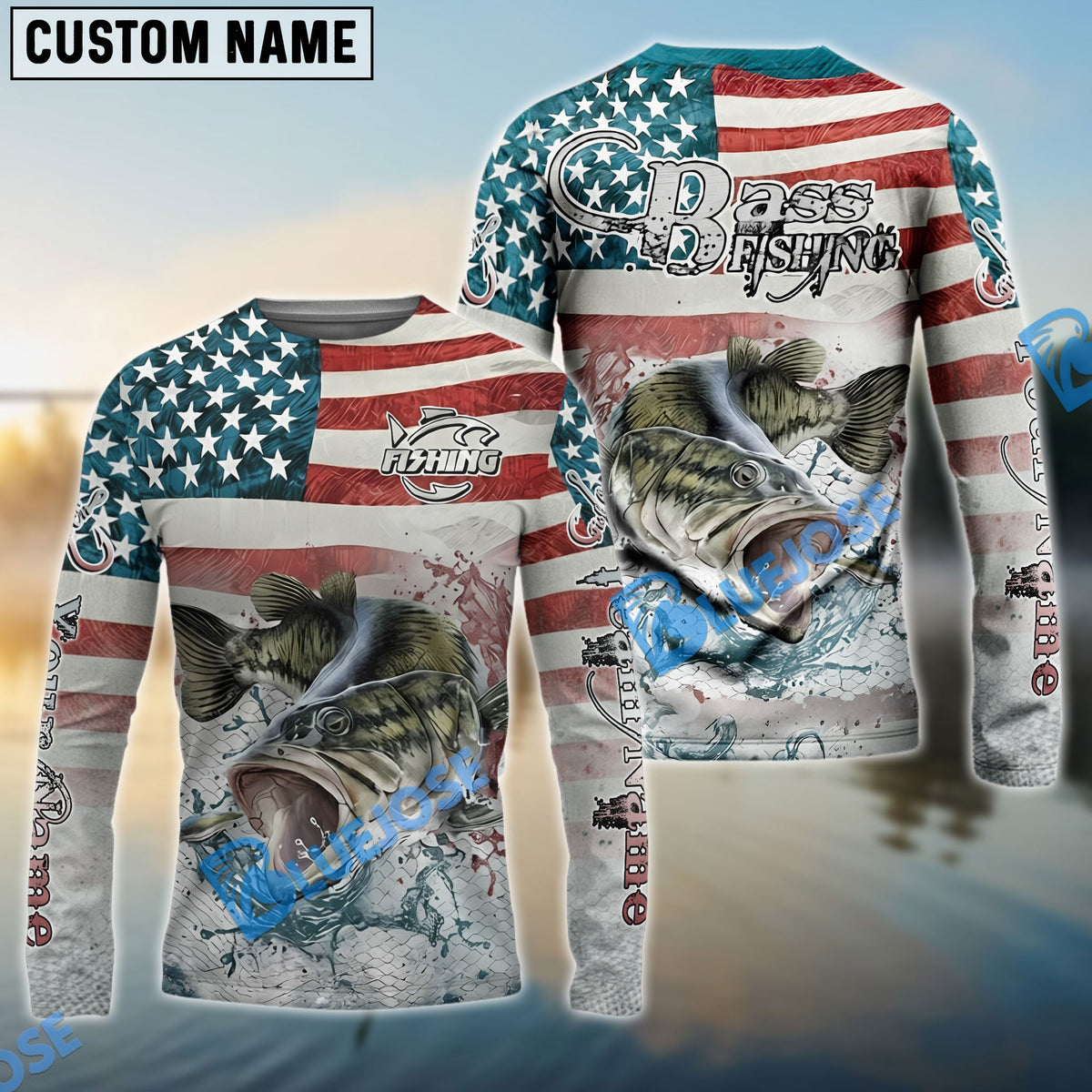 BlueJose Bass Fishing American Flag Splash Design Custom Name & Team Name 3D Shirts