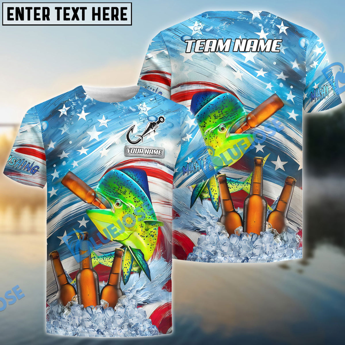 BlueJose Mahi-Mahi Fishing Beer & Usa Flag Graphic Custom Name & Team Name 3D Shirts