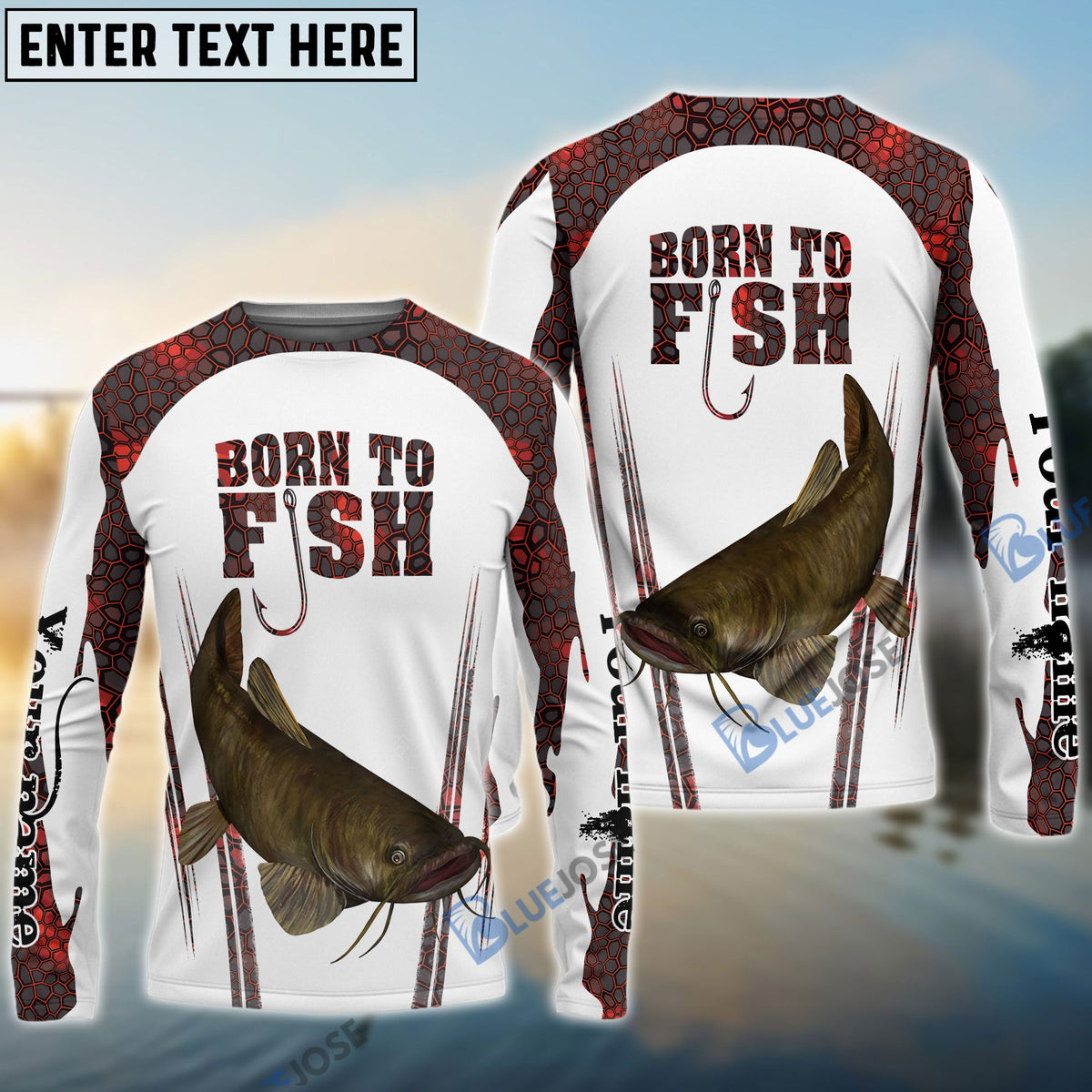 BlueJose "Born To Fish" Catfish Fishing Red Camo Custom Name Fishing Shirts