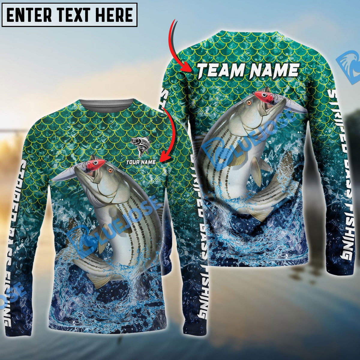 BlueJose Striped Bass Fishing Yellow Fin Sport Custom Name & Team Name 3D Shirts