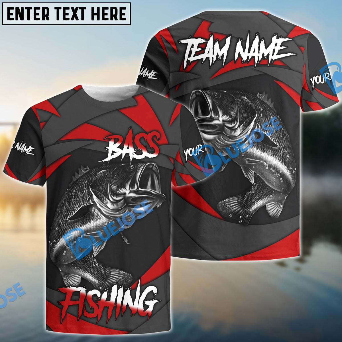 BlueJose Bass Fishing Red Gray Spinning Pattern Custom Name & Team Name 3D Shirts