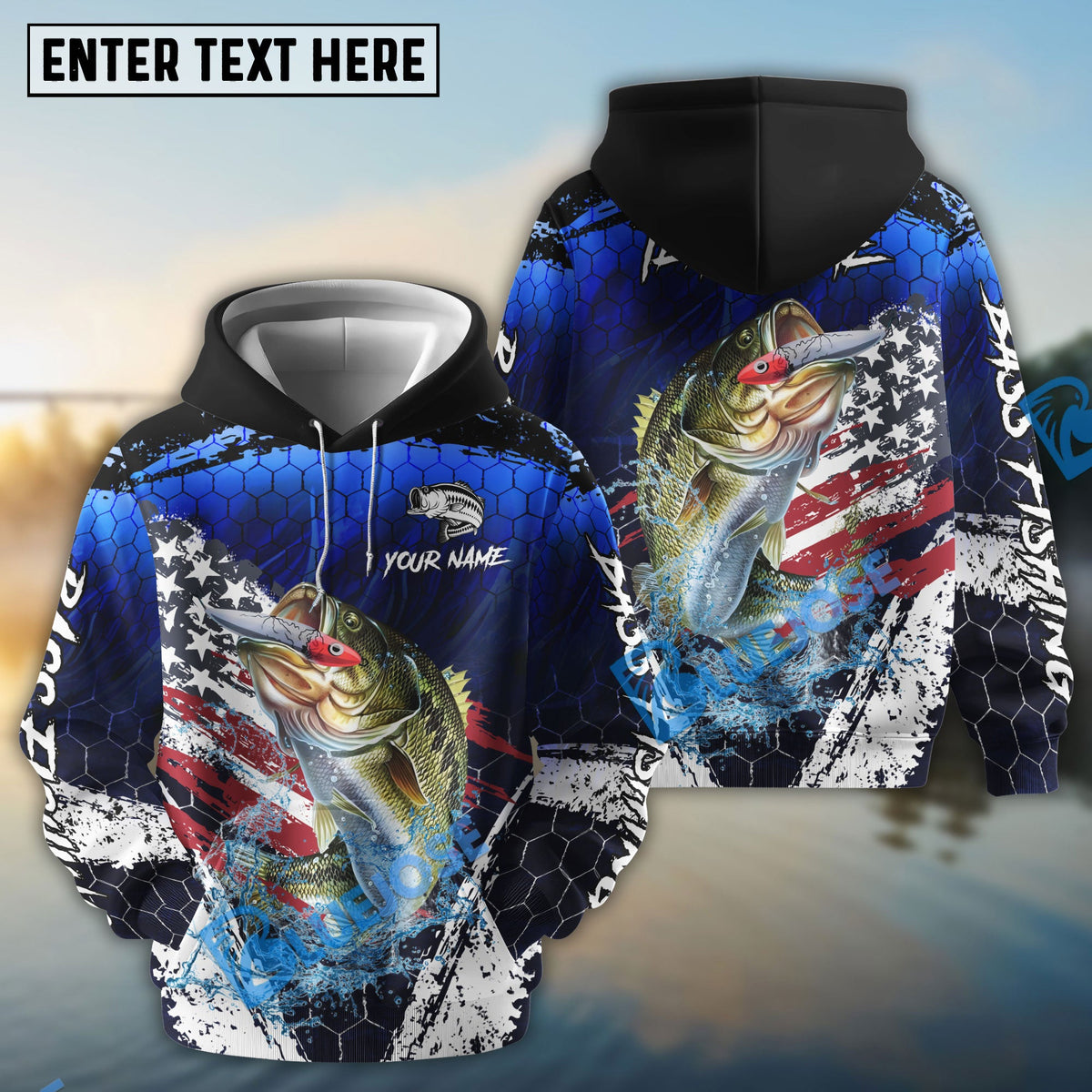 BlueJose Striped Bass Fishing Dark Blue Scratch American Flag scratch Sport Custom Name & Team Name 3D Shirts
