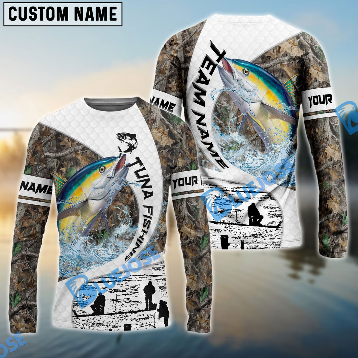 BlueJose Tuna Fishing Camo Forest Scene Custom Name & Team Name 3D Shirts
