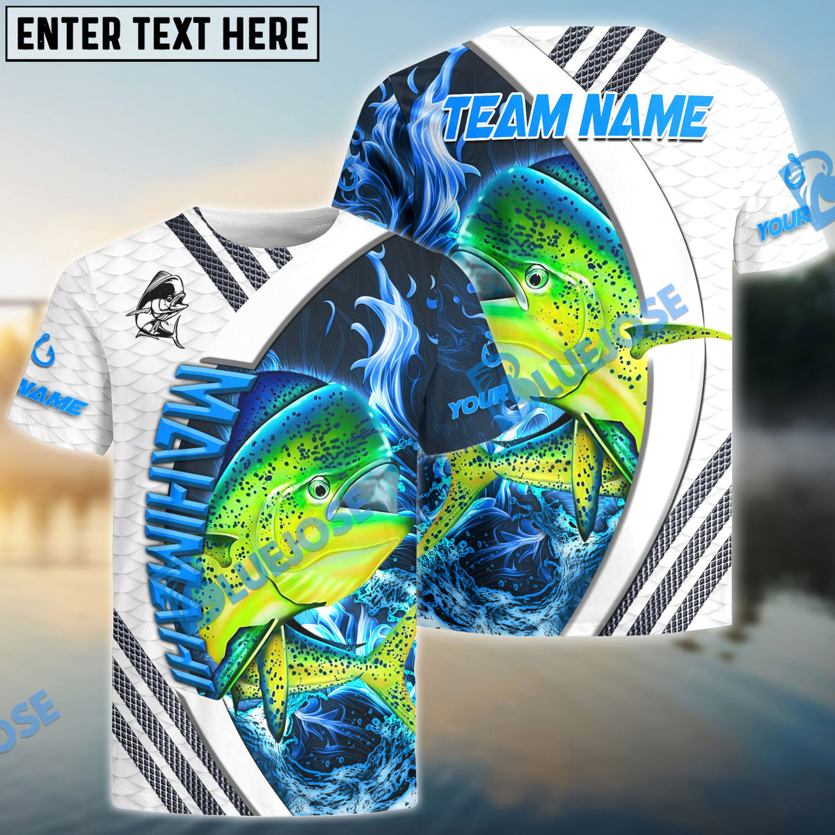 BlueJose Mahimahi Fishing White Blue Lava Sport Custom Name & Team Name 3D Shirts