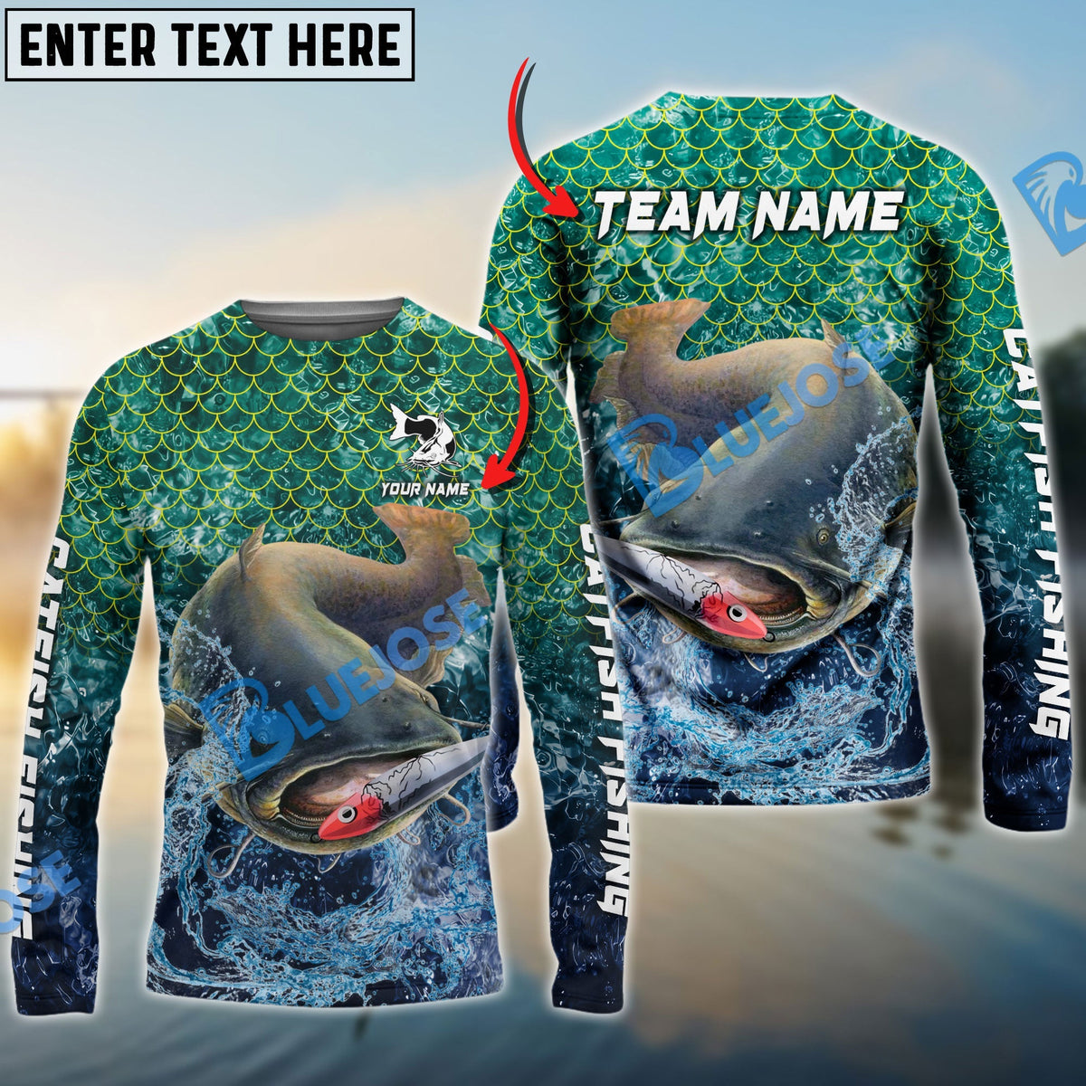 BlueJose Catfish Fishing Yellow Fin Sport Custom Name & Team Name 3D Shirts