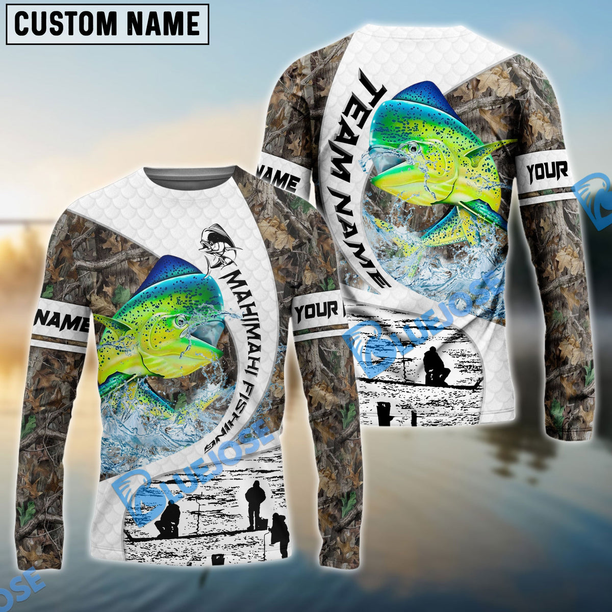 BlueJose Mahi-mahi Fishing Camo Forest Scene Custom Name & Team Name 3D Shirts