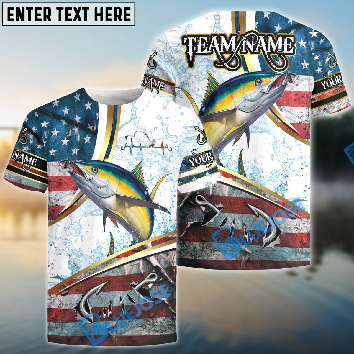 BlueJose Tuna Fishing USA Flag Dynamic Splash Custom Name & Team Name 3D Shirts