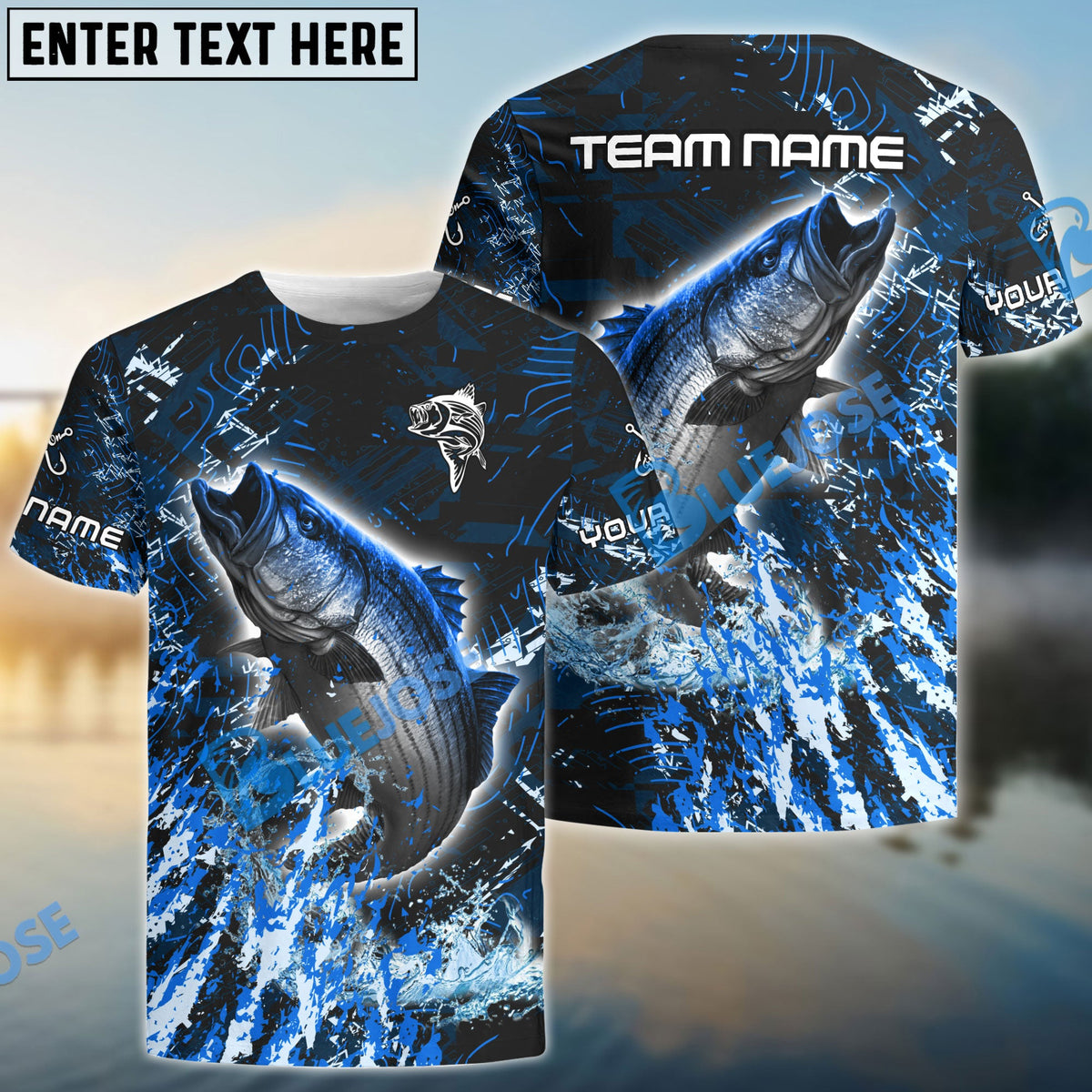 BlueJose Striped Bass Fishing Dark Grunge Blue Custom Name & Team Name 3D Shirts