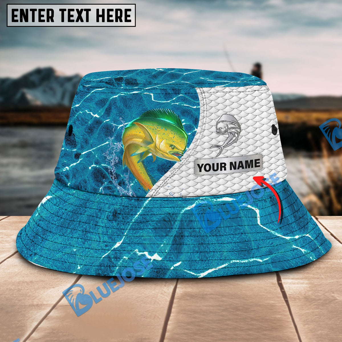 BlueJose Custom Name Mahimahi Fishing Blue Fishing Bucket Hat